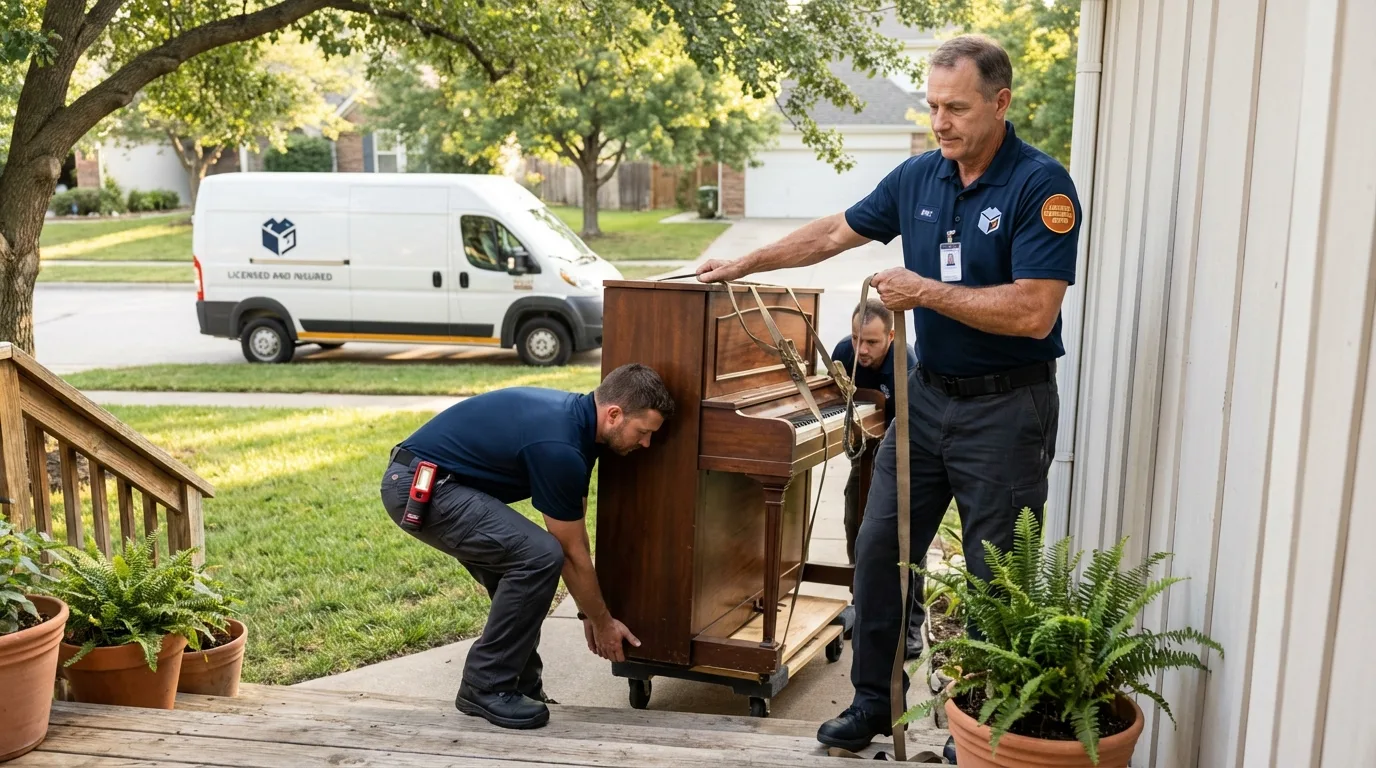 Licensed piano movers securing grand piano in Milford, ME