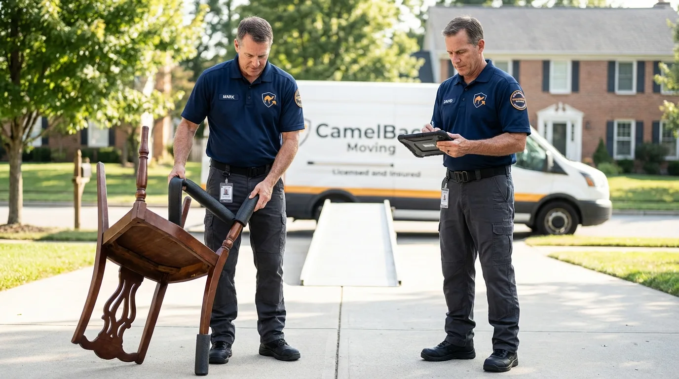 Movers inspecting furniture for damage prevention before loading in Milford, ME