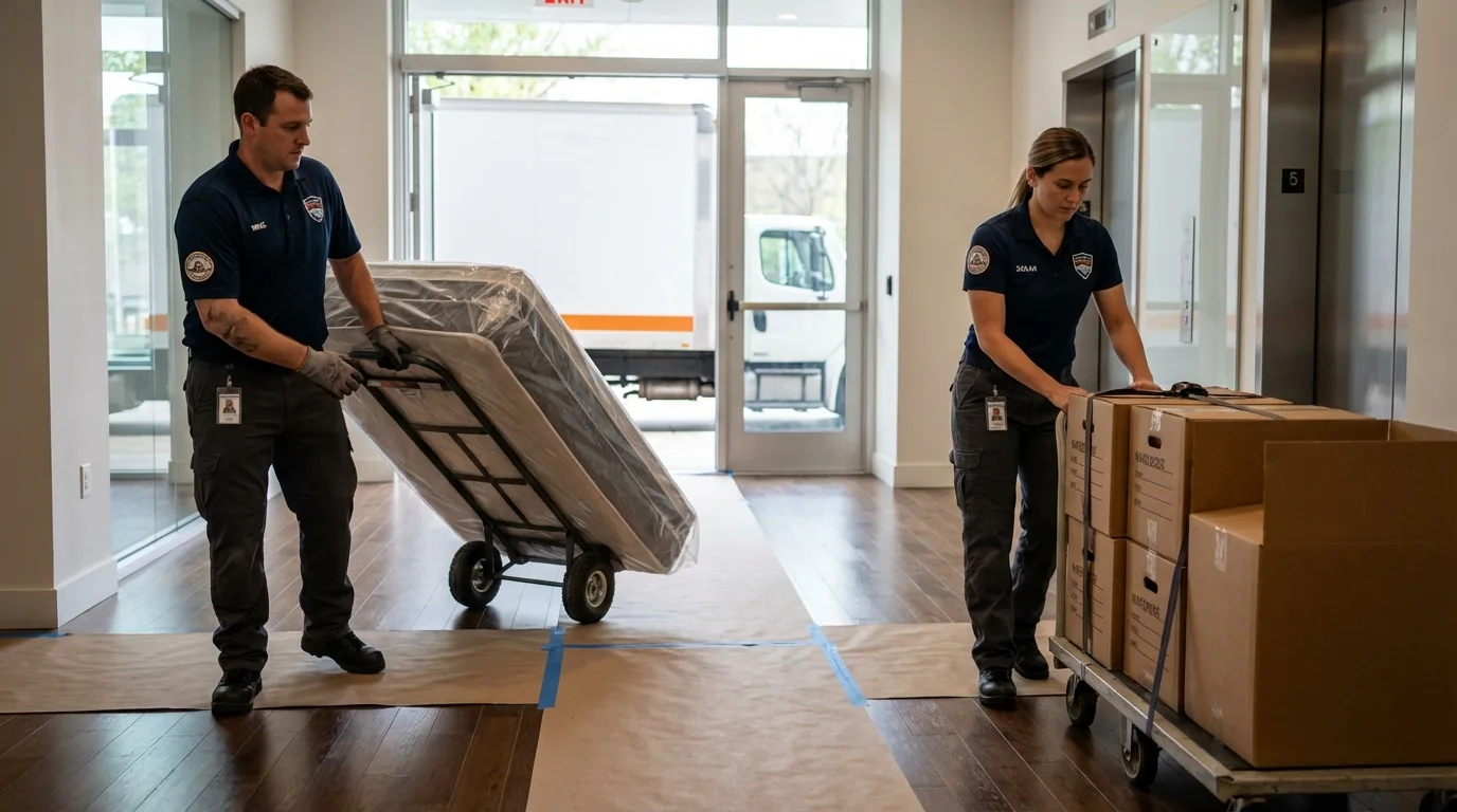 Professional apartment movers loading elevator in Milford, ME