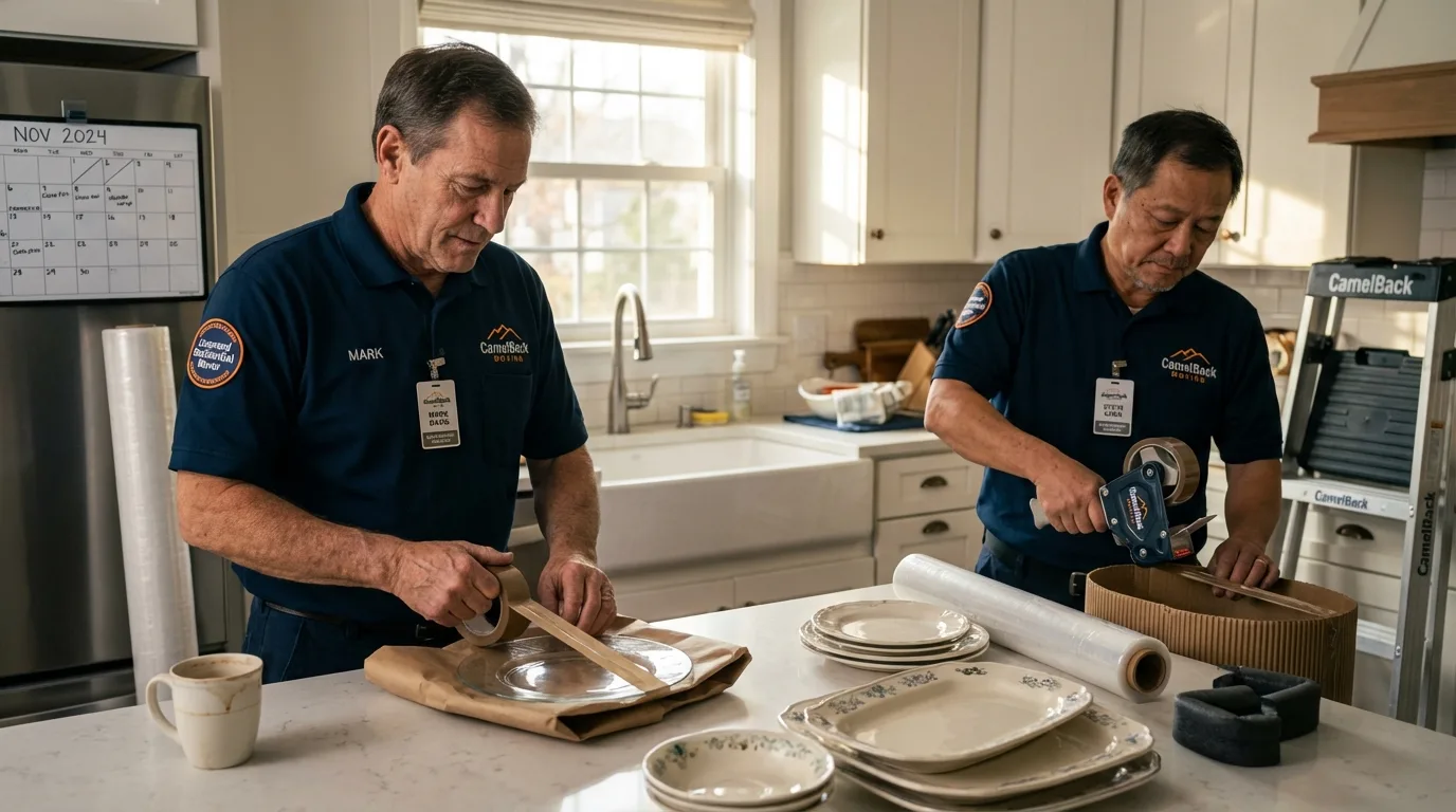 Professional crew packing kitchen dishware in Milford, ME